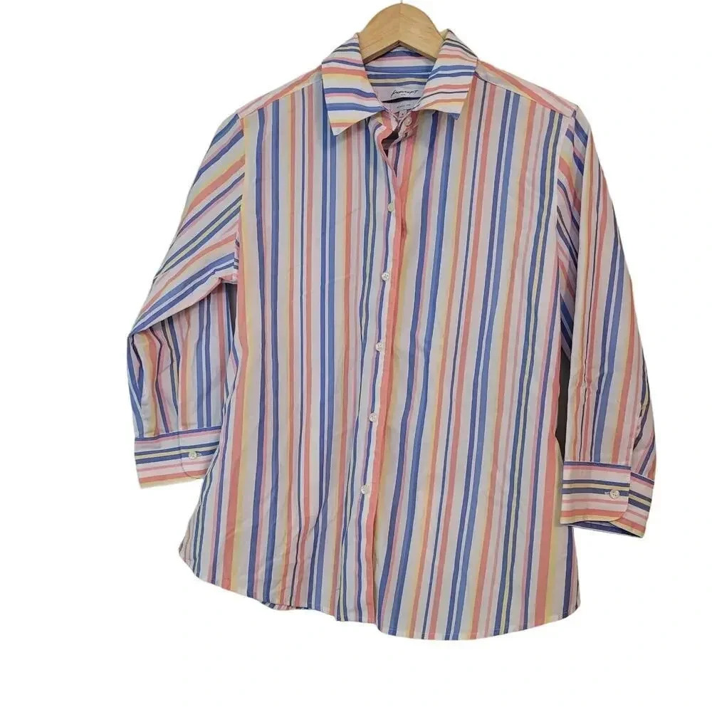 Foxcroft Women's Button-Up Top Size 8 Multicolor Shaped Wrinkle Free Long Sleeve